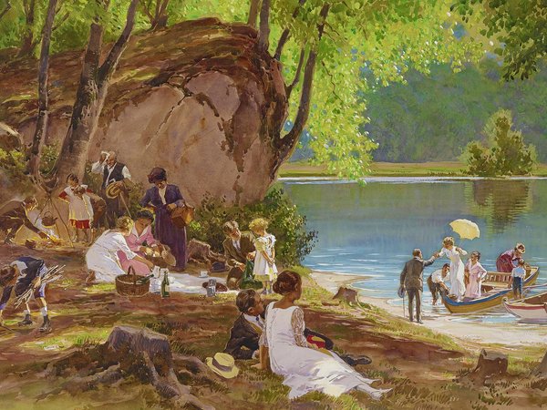 Gemälde von Paul Hey, Picknick am Waldsee, um 1910.