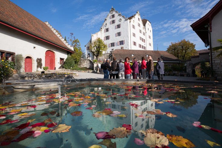 Schloss Wildegg und dessen Spiegelung im Brunnenwasser