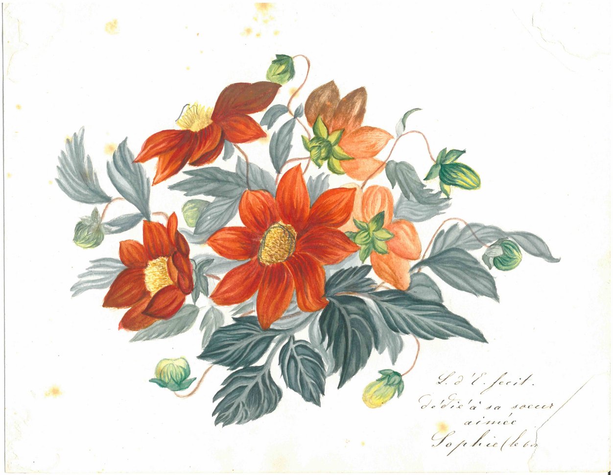 Abbildung einer Zeichnung von Blumen. Strauss-ähnlich angeordnet. Rote Blüten (fünf Stück), gelber Blütenkern, grüne Blätter.