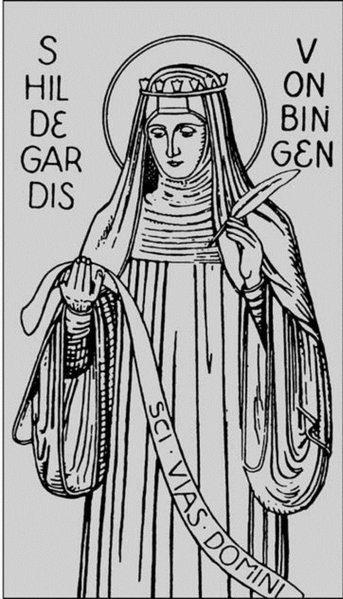 Eine historische Abbildung von der Benediktinerin Hildegard von Bingen.