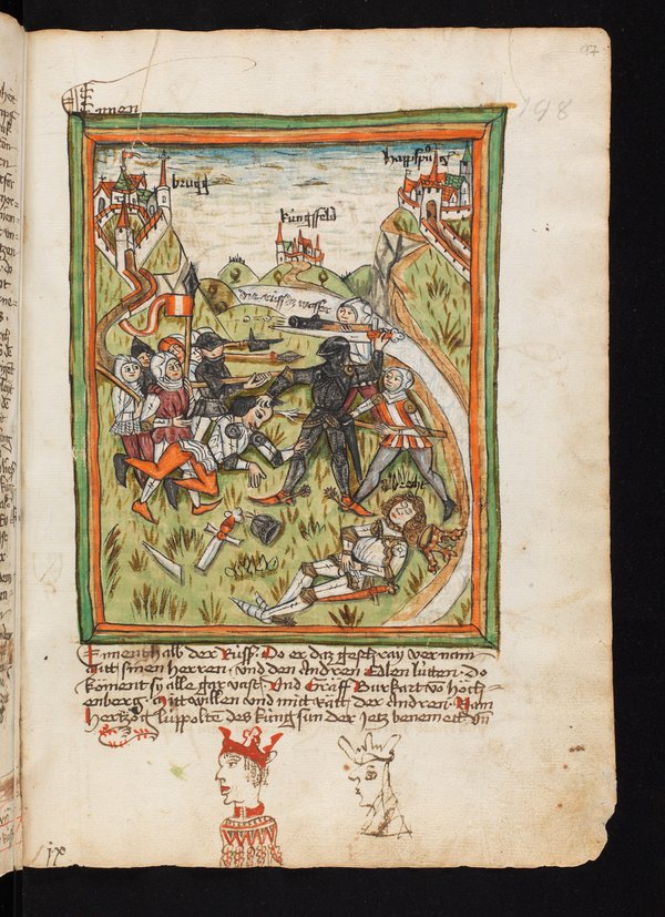 Kolorierte Federzeichnung, die den Mord von König Albrechts I an der Reuss abbildet.