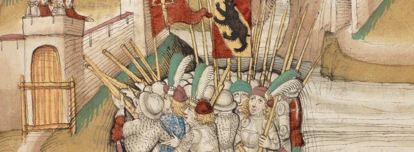 Historische Darstellung: Armee der Eidgenossen vor Schloss Hallwyl