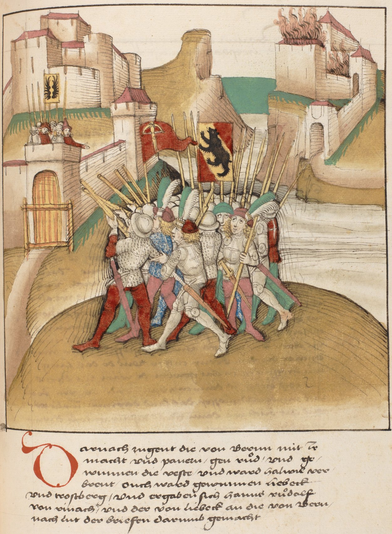 Das Gemälde zeigt, wie die Berner das Schloss Hallwyl belagern. Die Burg Rued, welche oben rechts zu sehen ist, steht bereits in Flammen.