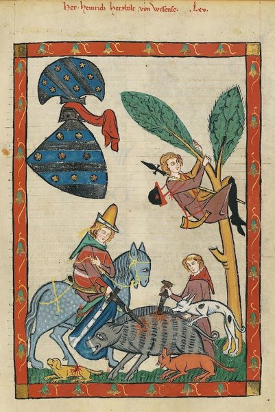 Abbildung des Adeligen Heinrich Hetzbold von Weißensee bei der Wildschweinjagd im Codex Manesse, erste Hälfte des 14. Jahrhunderts.