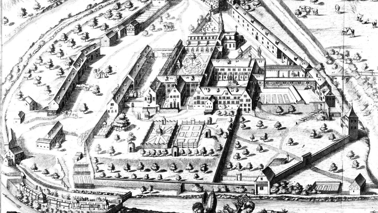 Zeichnung (schwarz-weiss) der Klosterhalbinsel Wettingen um 1710.
