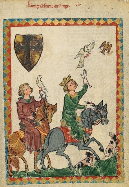 Abbildung des Enkels Friedrichs II., Konradin, bei der Beizjagd im Codex Manesse, erste Hälfte des 14. Jahrhunderts
