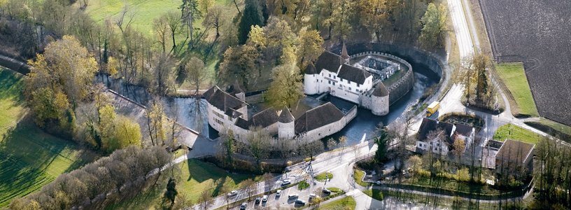 Luftaufnahme Schloss Hallwyl mit Aabach