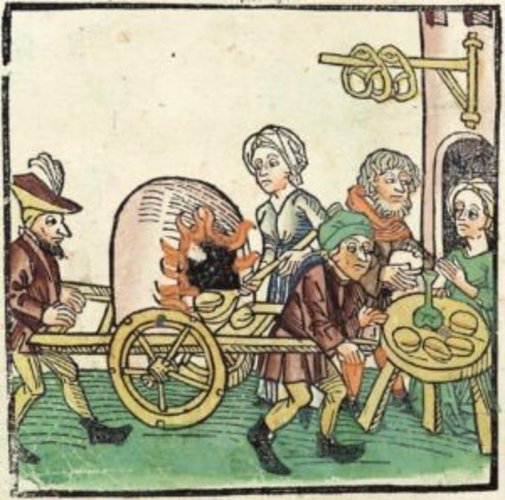 Es ist eine Zeichnung zu sehen, auf welcher fünf Bäcker und Bäckerinnen Brot backen. Dazu verwenden sie einen mobilen Backofen.
