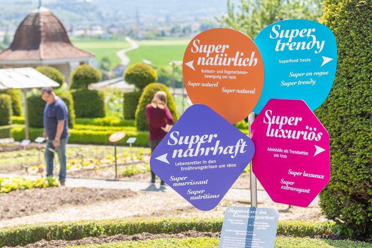 Bunte Beschilderungen von den Superstars (Superfood) und im Hintergrund zu sehen sind Besucher und Besucherinnen im Schlossgarten auf Schloss Wildegg