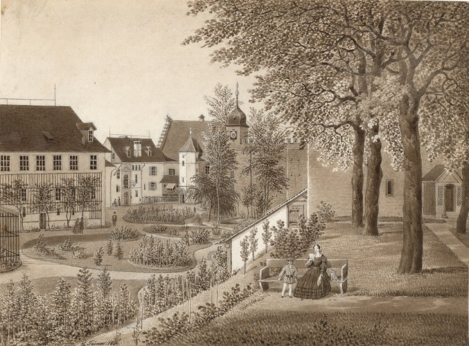 Gemälde des Schlosshofs von Schloss Lenzburg im Jahr 1866.