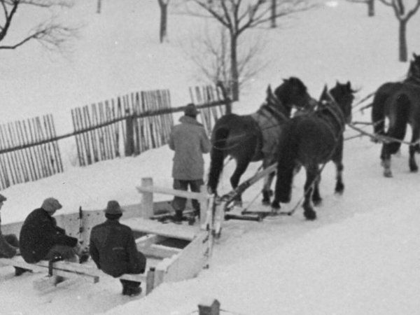 Schwarzweiss Foto. Winterimpression mit Schnee. 4 Pferde ziehen einen Schneepflug.