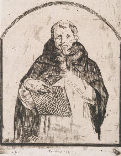 Abbildung eines Mönches, der mit ausgestrecktem Zeigefinger seine Lippen berührt (Schweigegeste).