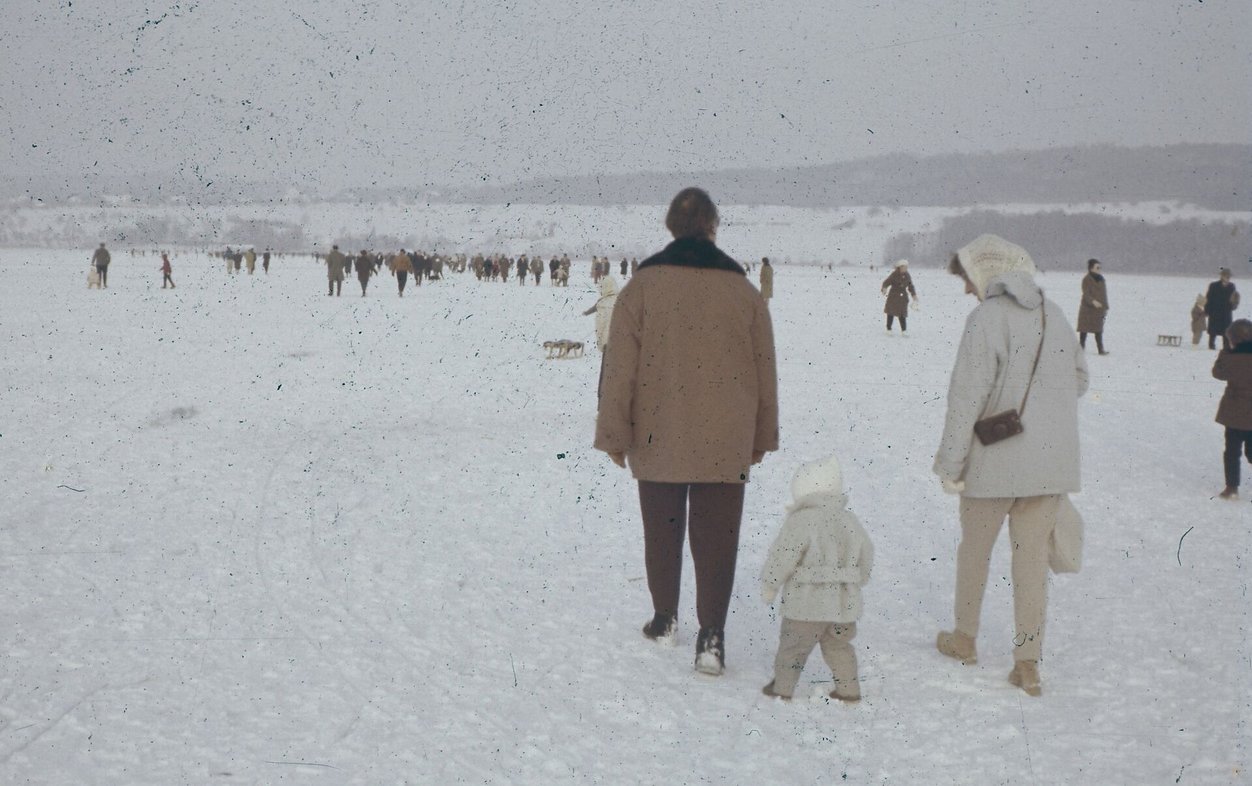 Die Fotografie von 1963 zeigt den zugefrorenen Hallwilersee. Menschen sind auf der Eisfläche zu sehen und das Bild fängt die winterliche Atmosphäre ein. 