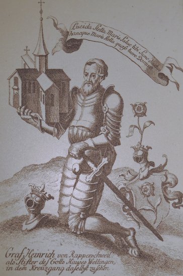 Schwarzweiss Abbildung von einem Ritter in Rüstung. Er hält das Kloster in seinen Händen. 
