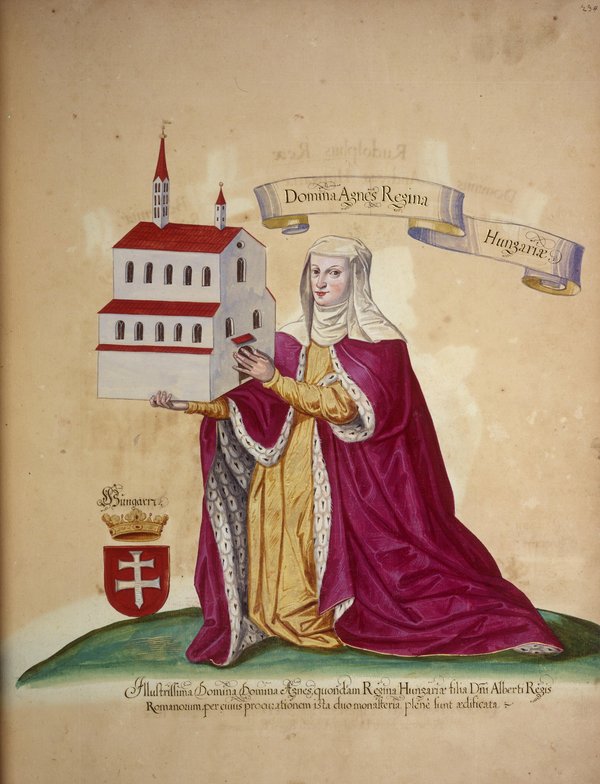 Auf der Zeichnung ist Agnes von Ungarn zu sehen, wie sie das Kloster Königsfelden in ihren Händen hält, um ihre Mitstiftung zu symbolisieren.