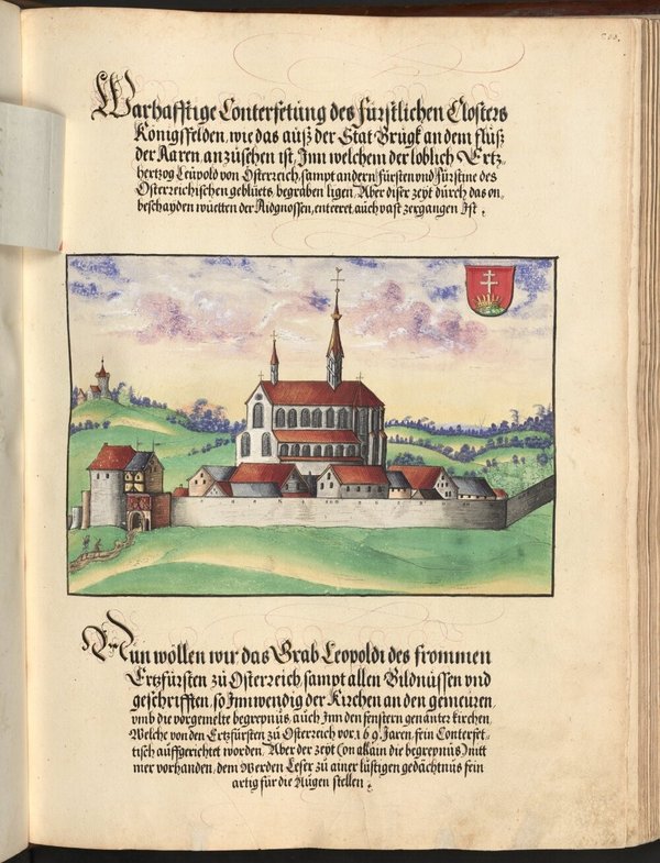 Abbildung einer Seite aus dem Buch "Ehrenspiegel des Hauses Österreich". Die Seite zeigt eine Zeichnung des Klosters Königsfelden mit begleitendem Text in alter Handschrift.