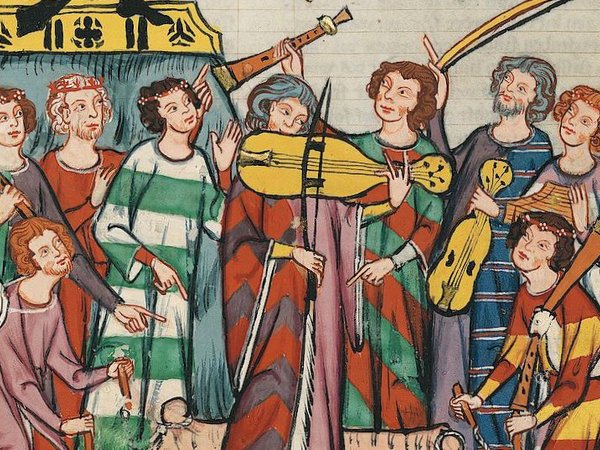 Mittelalterliches Bild mit 9 Musikern mit verschiedenen Instrumenten.