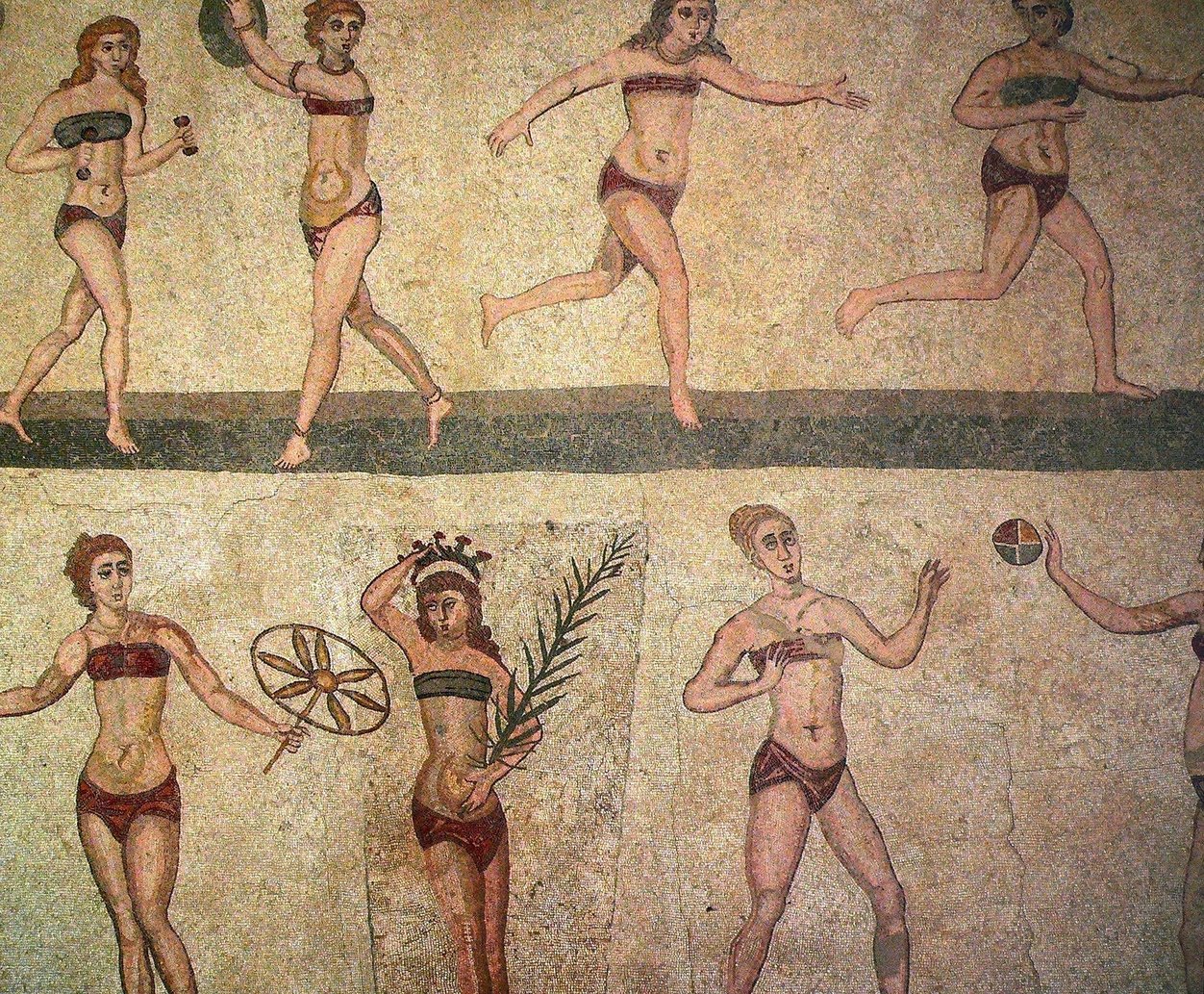 Bild von der Mosaik der Mädchen im Bikini: zehn junge Frauen beim Sport.