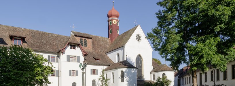 Aussenaufnahme Kloster Wettingen mit blauem Himmel und grüner Wiese im Vordergrund.