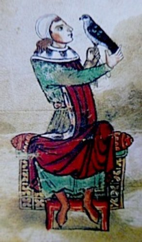 Abbildung Manfreds in der Manfred-Handschrift. Auf seiner linken Hand sitzt ein Falke.