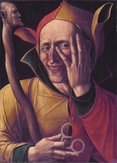 Abbildung einer Narrenfigur. Mensch mit ausgeprägter Nase, farbigem Gewand, spitzem Hut und Stock.