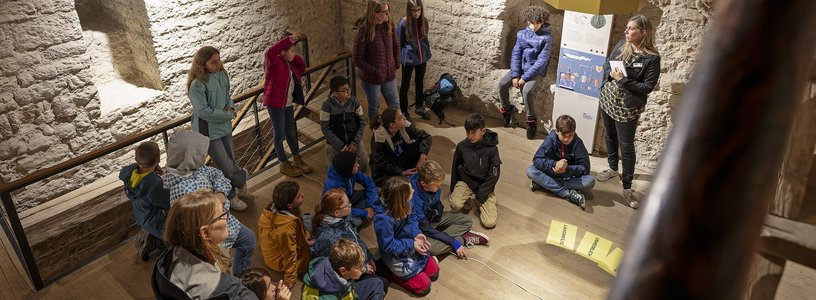 Eine Schulklasse sitzt im Kreis im Innern von Schloss Habsburg; am Boden liegen Blätter mit Texten.