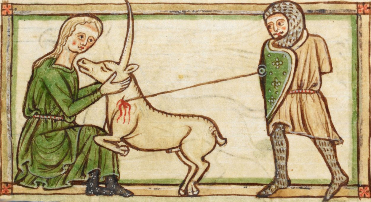 Abbildung einer historischen Zeichnung. Zu sehen ist eine Einhorn-Jagd. Zwei Personen sind daran beteiligt. Opfer ist ein Einhorn.