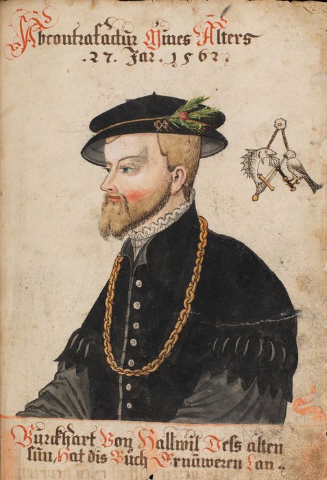 Junker Burkhard III. von Hallwyl (1535-1598) mit 27 Jahren. Hausbuch der Herren von Hallwil, um 1580, Schweizerisches Landesmuseum. 