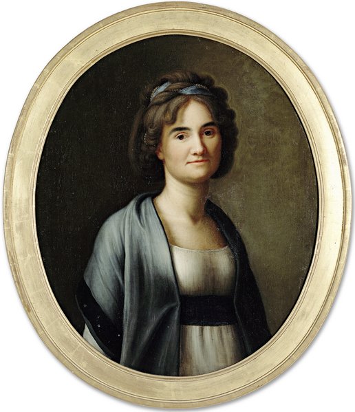 Foto vom Ölgemälde von Sophie von Erlach-Effinger im Kleid mit geschmückten Haaren. (1766-1840). 