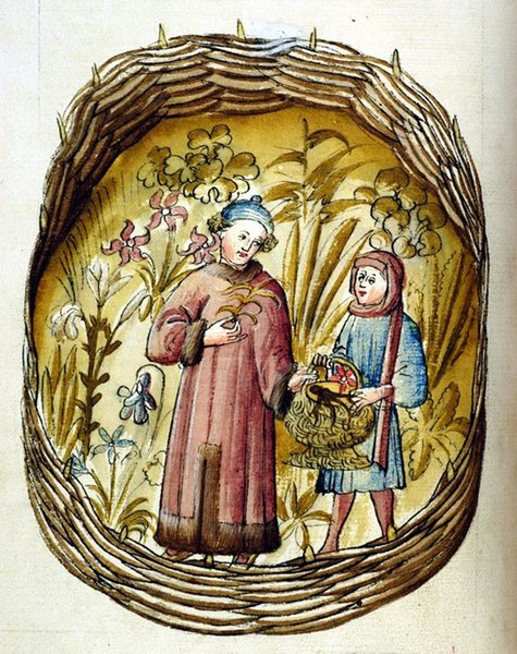 Gemaltes Bild von zwei Personen in einem Medizingarten.