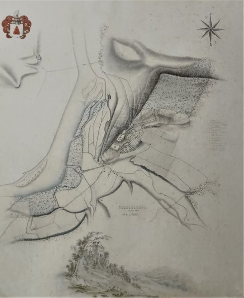 Gezeichneter Plan der Schlossdomäne Wildegg aus dem Jahre 1820. In den Grautönen. Sehr detailiert.