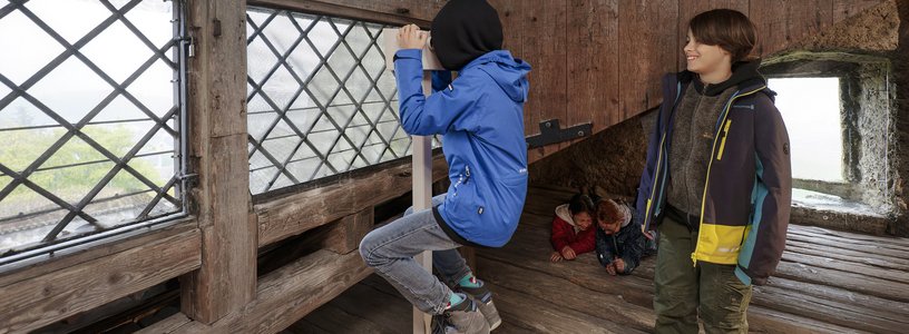 Zwei Schüler unter dem Dach von Schloss Habsburg; ein Bub blickt durch ein Fernrohr ins Weite.