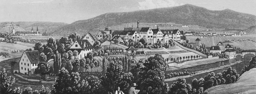 Historische Aufnahme der Klosterhalbinsel Wettingen um 1838.