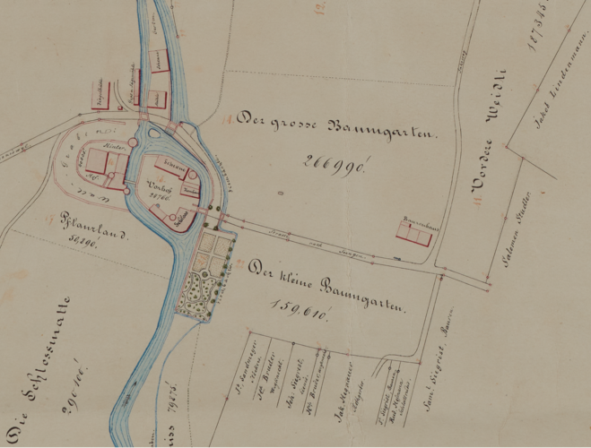Ausschnitt aus einem geometrischen Plan über das Schloss Hallwyl aus dem Jahr 1854
