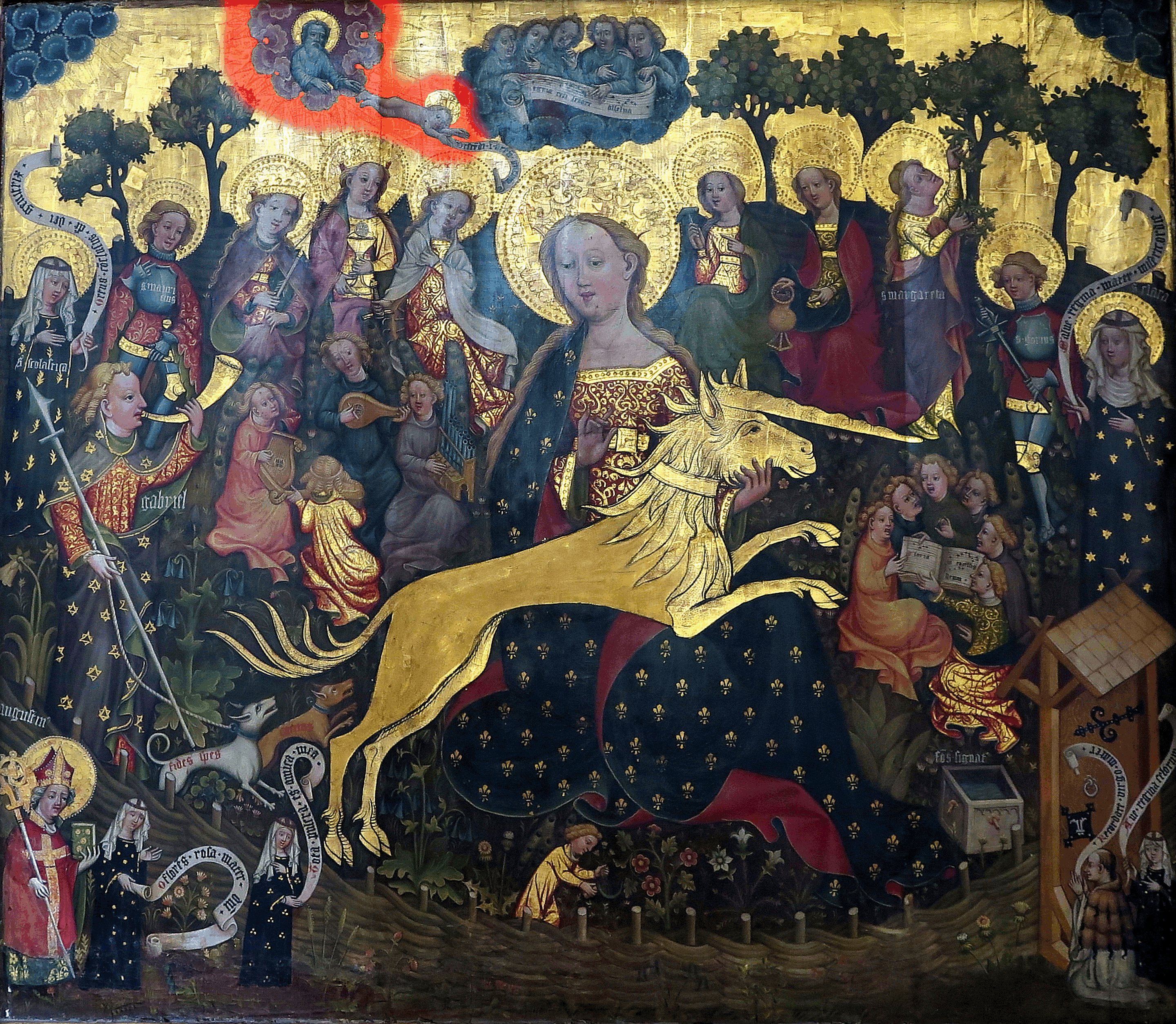Abbildung eines Altars aus dem 14. Jh. Auffällig goldige Verzierungen, zu sehen sind versch. biblische Figuren. Im Fokus ist eine Frau samt Heiligenschein, welche das goldige Einhorn in den Händen hält.