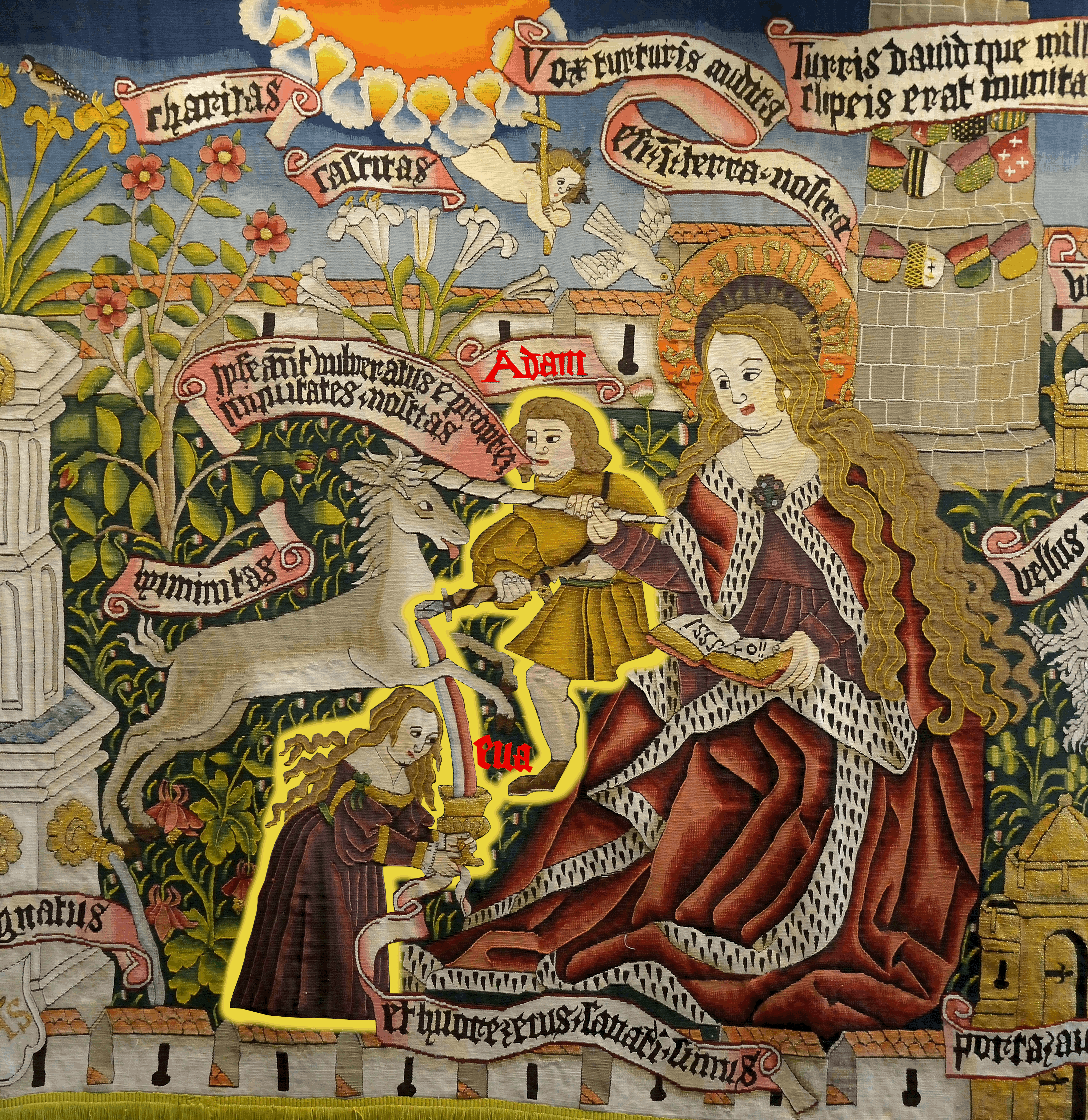 Historischer Wandteppich. Matte Farben. Verschiedene biblische Personen samt Einhorn abgebildet.