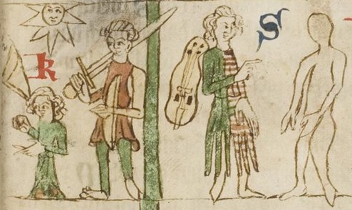 Bild aus dem 14. Jh.: Ein kind, ein Musiker mit einer Zither und ein Soldat mit einer Schwert sind dargestellt.