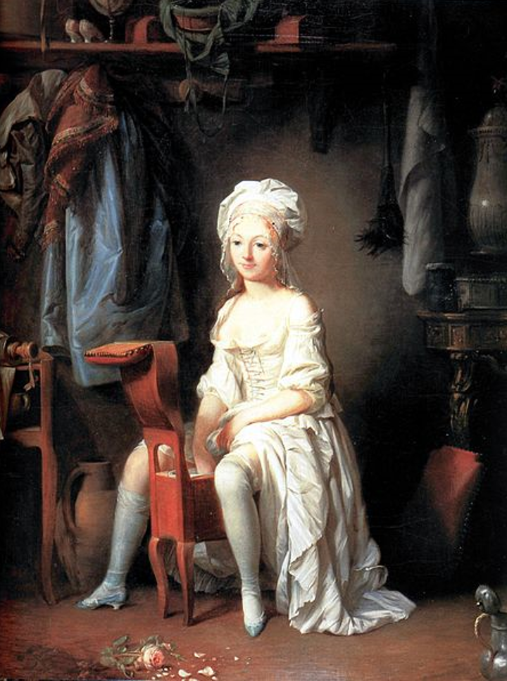 Abbildung einer Frau in weisser Kleidung, welche sich an einem Bidet aus Holz wäscht.